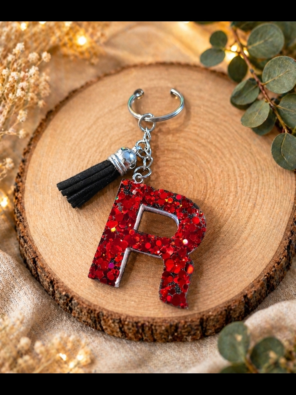 Red Glitter 'R' Keychain with Black Tassel